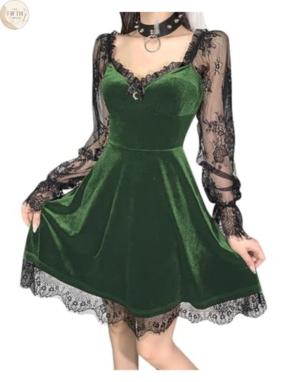Gothic Velvet Midi Dress Lace Long Sleeve Lolita A-Line